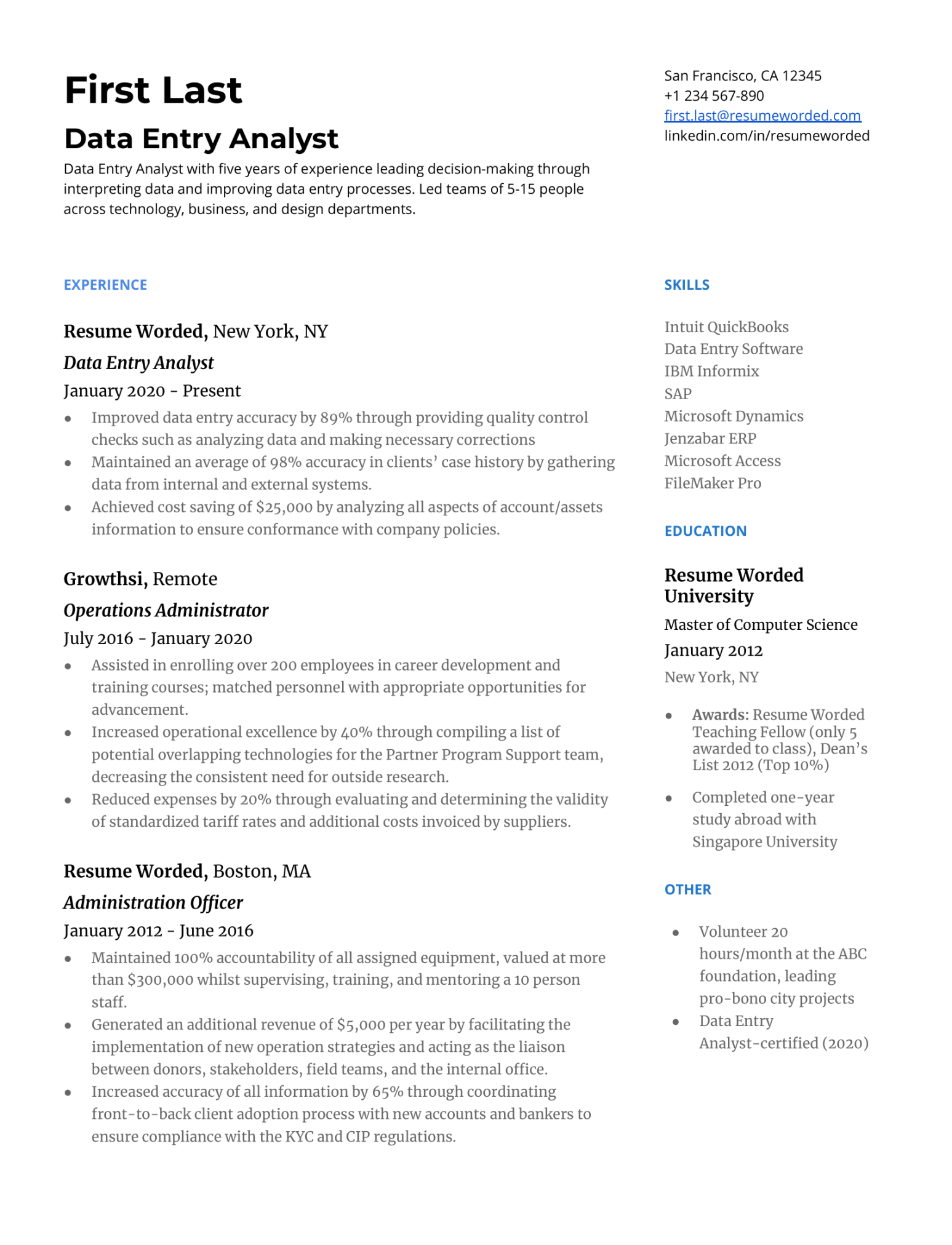 Data Entry Resume Examples for   Resume Worded