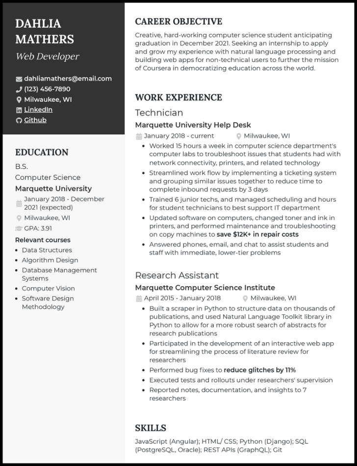 College Student Internship Resume Examples for 202