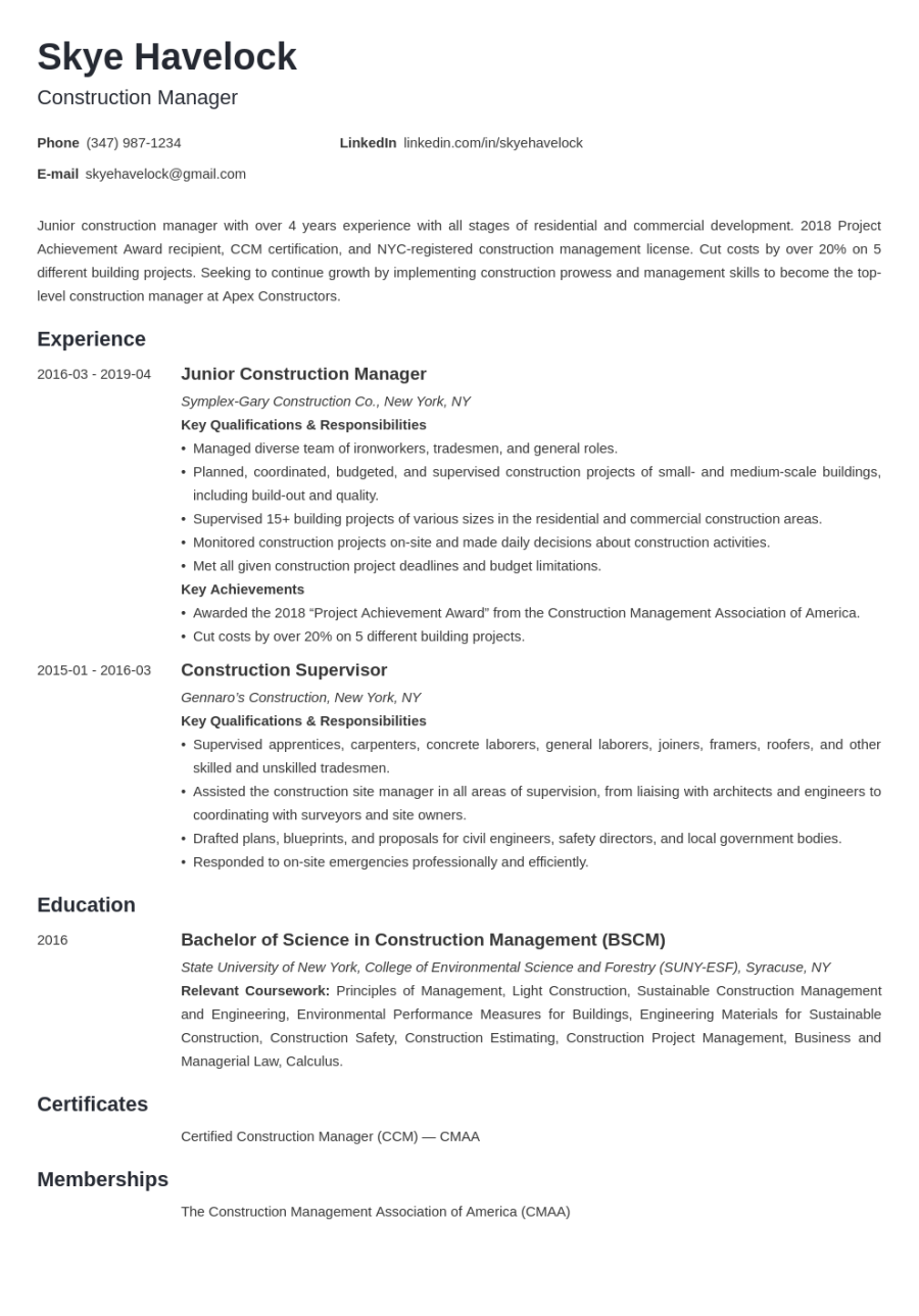 Construction Manager Resume Sample [+Objective & Skills]