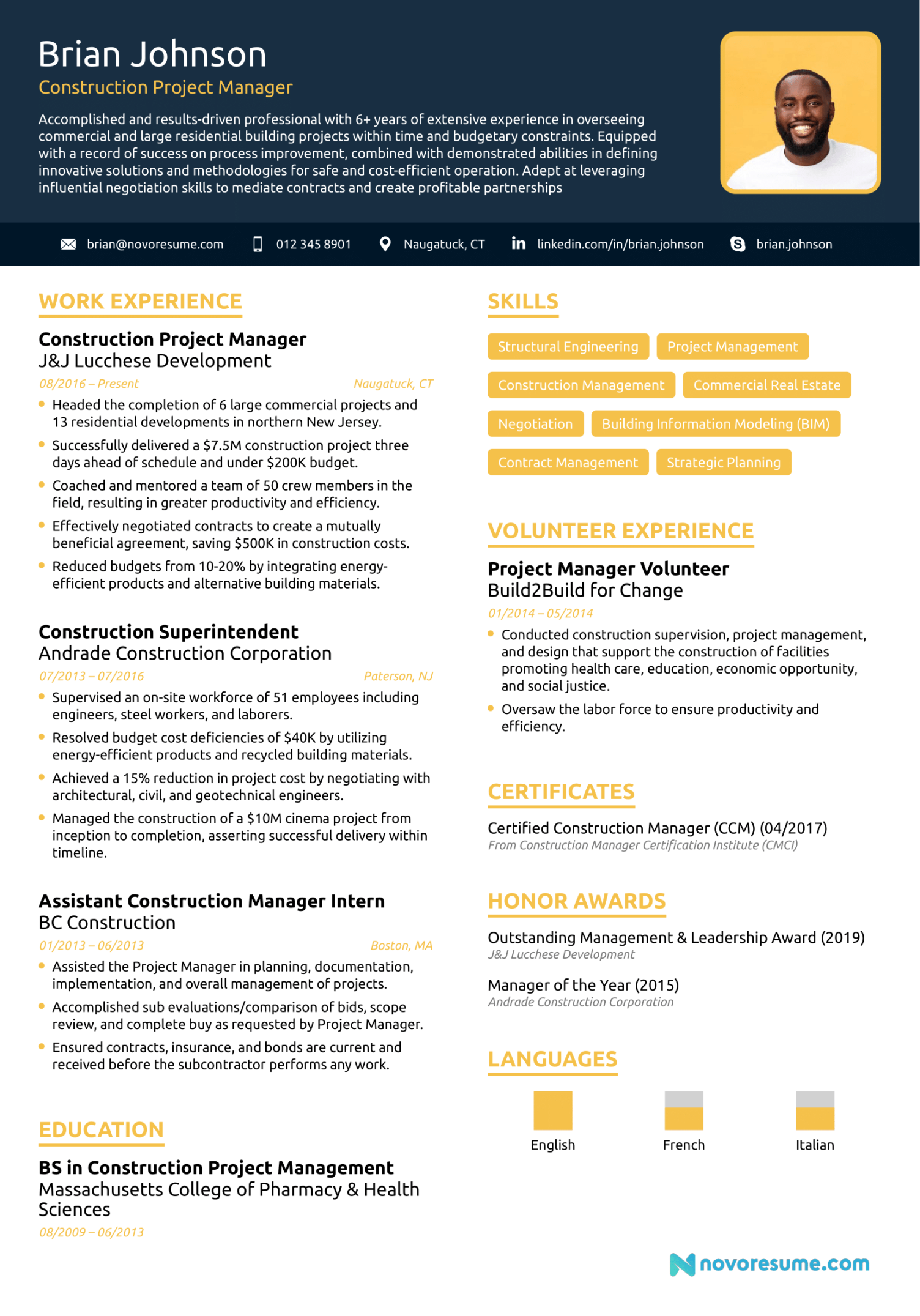 construction project manager resume example for