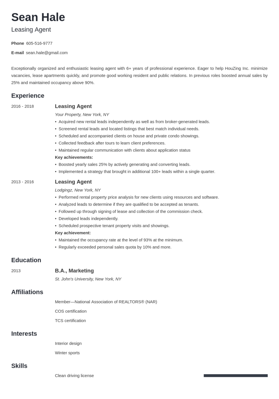 Leasing Agent Resume: Sample & Writing Guide [+ Tips]