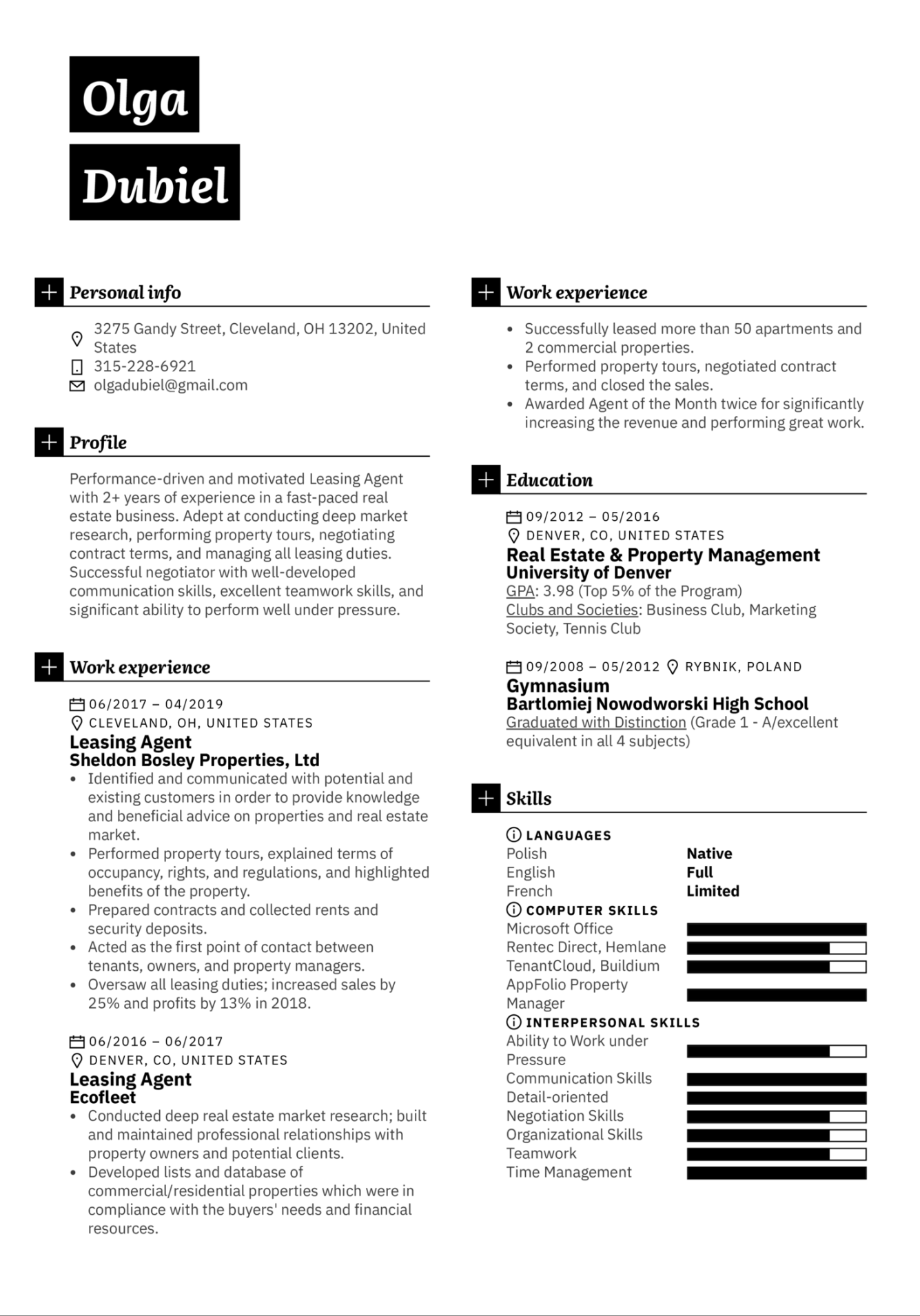 leasing agent resume sample kickresume