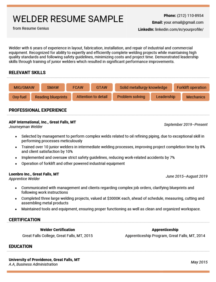 Welder Resume Example +  Professional Writing Tips